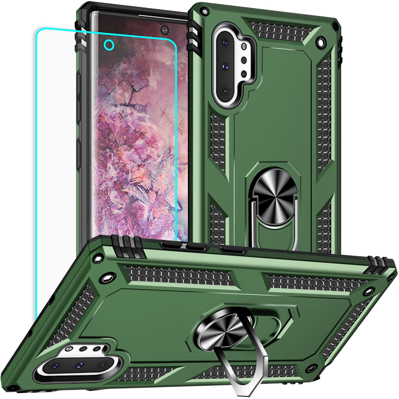 for Samsung Galaxy Note 10 Plus Case with Screen Protector:[Military Grade Drop Tested] Ring Holder Kickstand Shockproof Anti-Slip Protective Phone Case for Note 10 Plus 6.8- Army Green