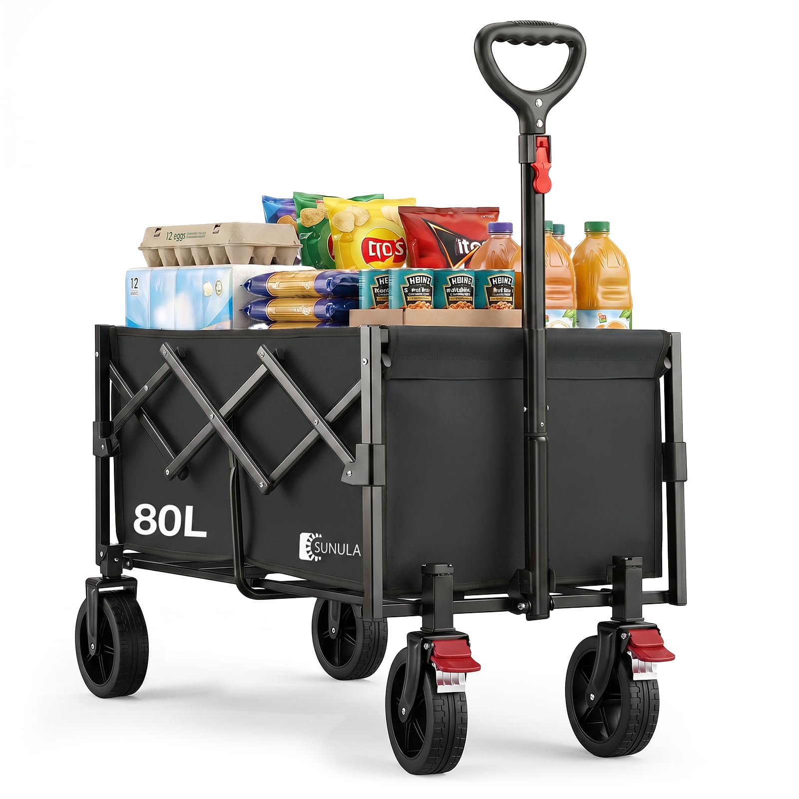 SUNULA Bollerwagen Faltbar Klein 80L 100KG, Faltbarer Bollerwagen Klappbarer Handwagen mit Halbiertem Eigengewicht, Faltbollerwagen Geländegängig mit Bremsen, Schwarz