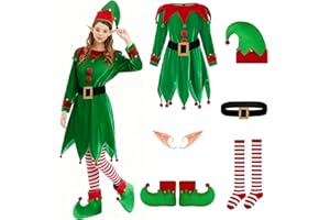 DERJLY Women Christmas Elf Costume: 6-Pack Set Cute Velvet Dress with Accessories Hat Ears Shoes Belt Socks Xmas Party Outfit