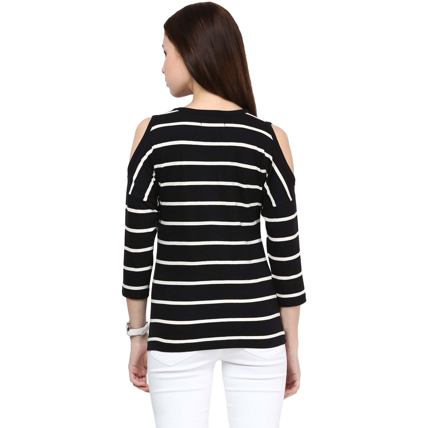hypernation black and white stripe round neck cotton t-shirt for women
