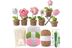 YKLOWILE Crochet Kit for Beginners - 6Pcs Pink Potted Flowers, Beginner Crochet Starter Kit for Complete Beginners Adults,DIY Crocheting Knitting Kit with Step-by-Step Video Tutorials
