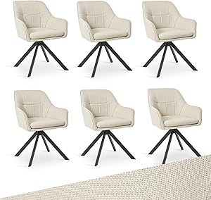 Goeurvant Drehstuhl Esszimmer Beige mit Armlehne, 6er Set drehbarer esszimmerstuhl, Küchenstuhl,Polsterstuhl, aus Polyester, mit Metallbeine für Esszimmer Küche Büro