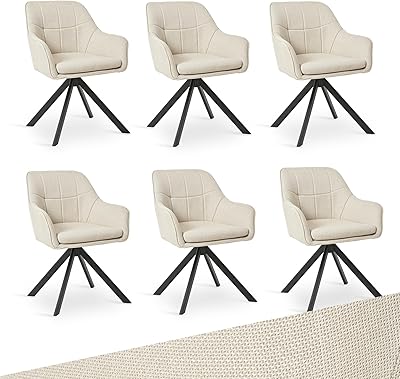 Goeurvant Drehstuhl Esszimmer Beige mit Armlehne, 6er Set drehbarer esszimmerstuhl, Küchenstuhl,Polsterstuhl, aus Polyester, mit Metallbeine für Esszimmer Küche Büro
