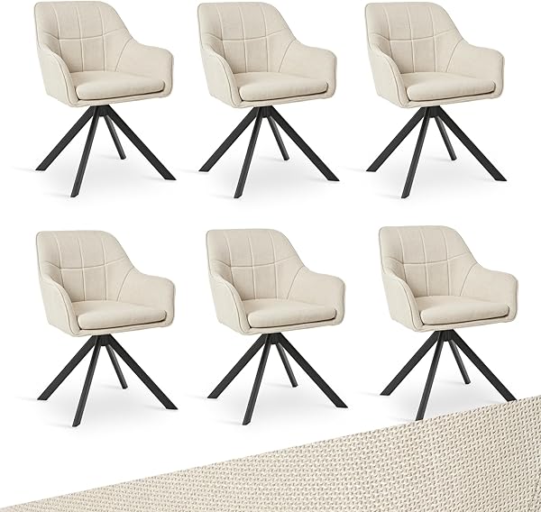 Goeurvant Drehstuhl Esszimmer Beige mit Armlehne, 6er Set drehbarer esszimmerstuhl, Küchenstuhl,Polsterstuhl, aus Polyester, mit Metallbeine für Esszimmer Küche Büro