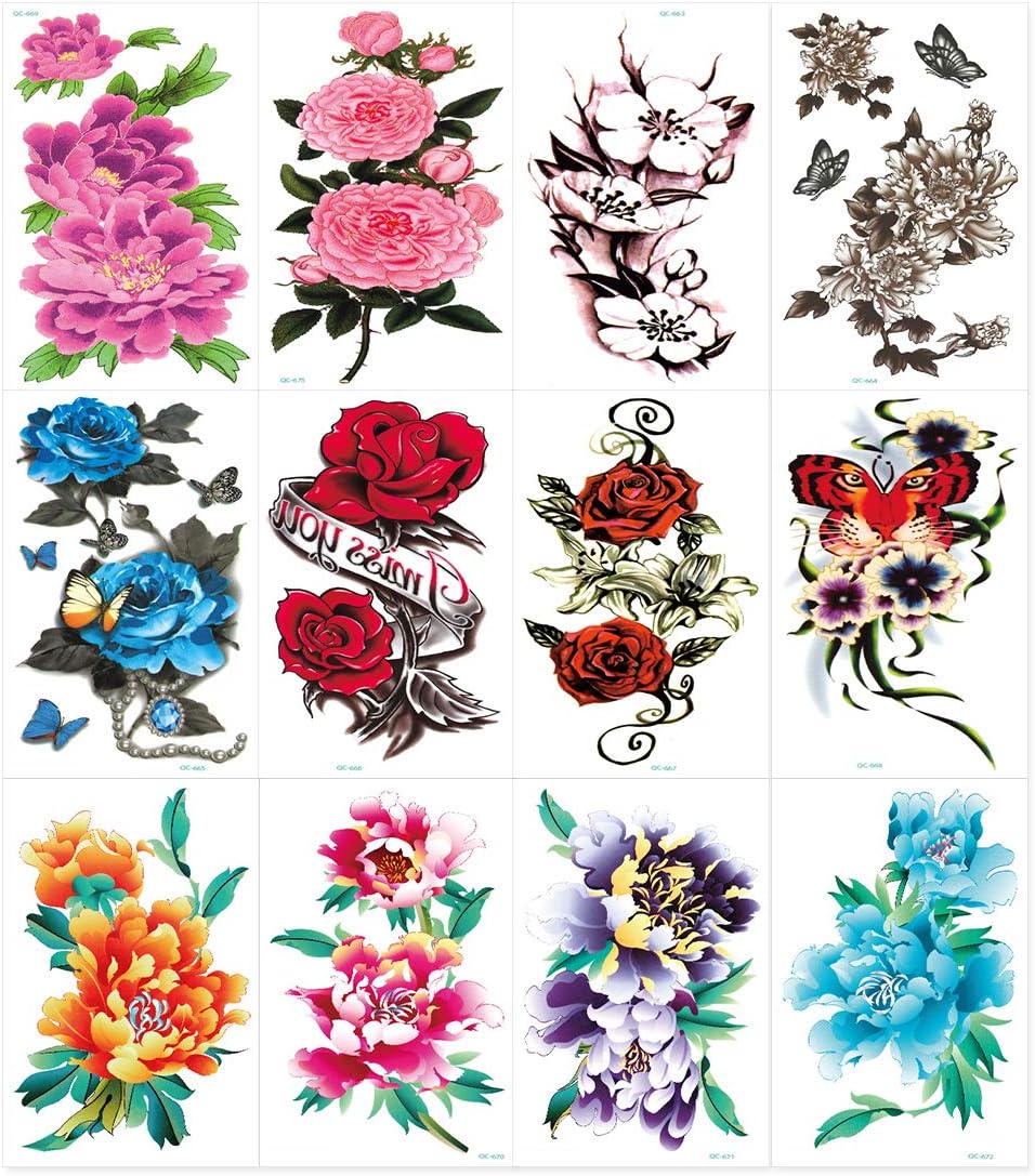 WOKOTO 12 Sheets Arm Large Body Art Temporary Tattoos Paper Waterproof Colorful Flower Fake Tattoo Sticker Kit For Women Girls