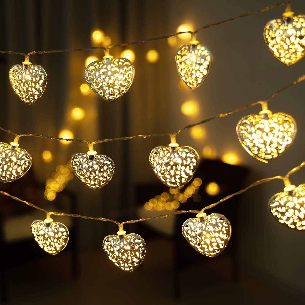 GIGALUMI 20 LED Heart String Lights Metal Fairy Lights Battery Operated Decorative Lights Warm