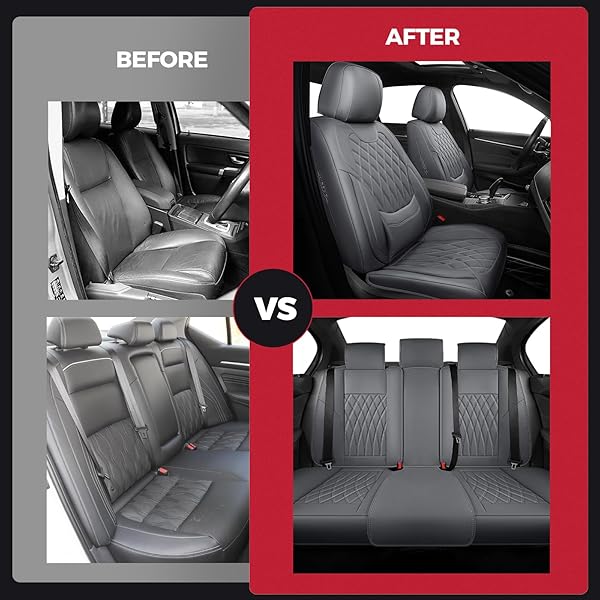 FREESOO GRAY CAR SEAT COVER FULL SET – FAUX NAPPA LEATHER SEAT COVERS FOR CARS, LUXURY BREATHABLE WATERPROOF FRONT SEATS CUSHION PROTECTORS WITH LUMBAR SUPPORT, UNIVERSAL FIT FOR SEDANS SUVS PICKUPS