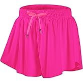 DIPUG Girls Butterfly Shorts with Pocket 2-in-1 Flowy Athletic Skots for Tennis Running Dance 5-16