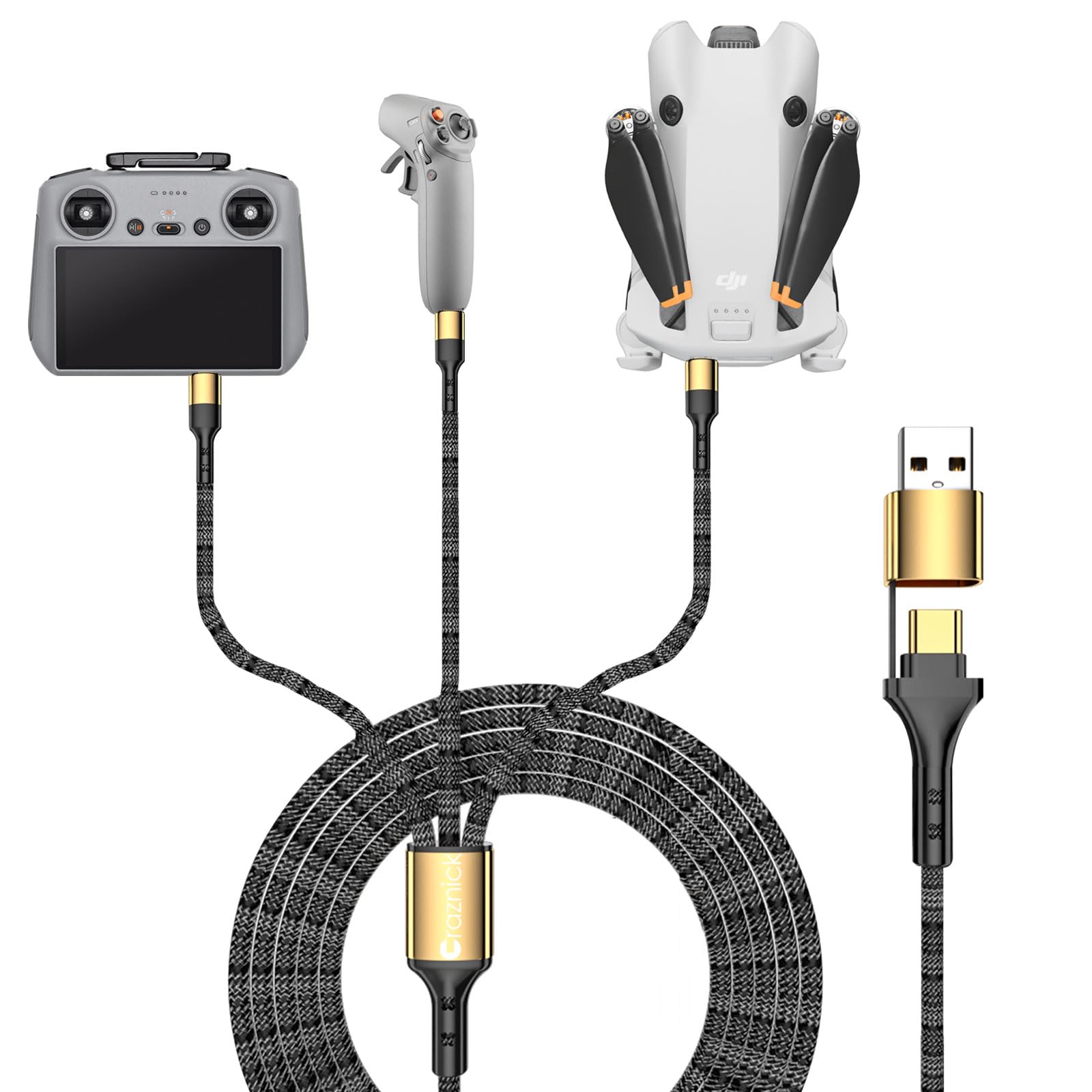 Craznick Multi Charger Cable for DJI Neo/Mini/Avata 2/Mavic 3/Mini 2 3-in-1 5A Fast Charging Nylon Braided USB/Type C to Type C for DJI RC/RC Pro Remote Controller