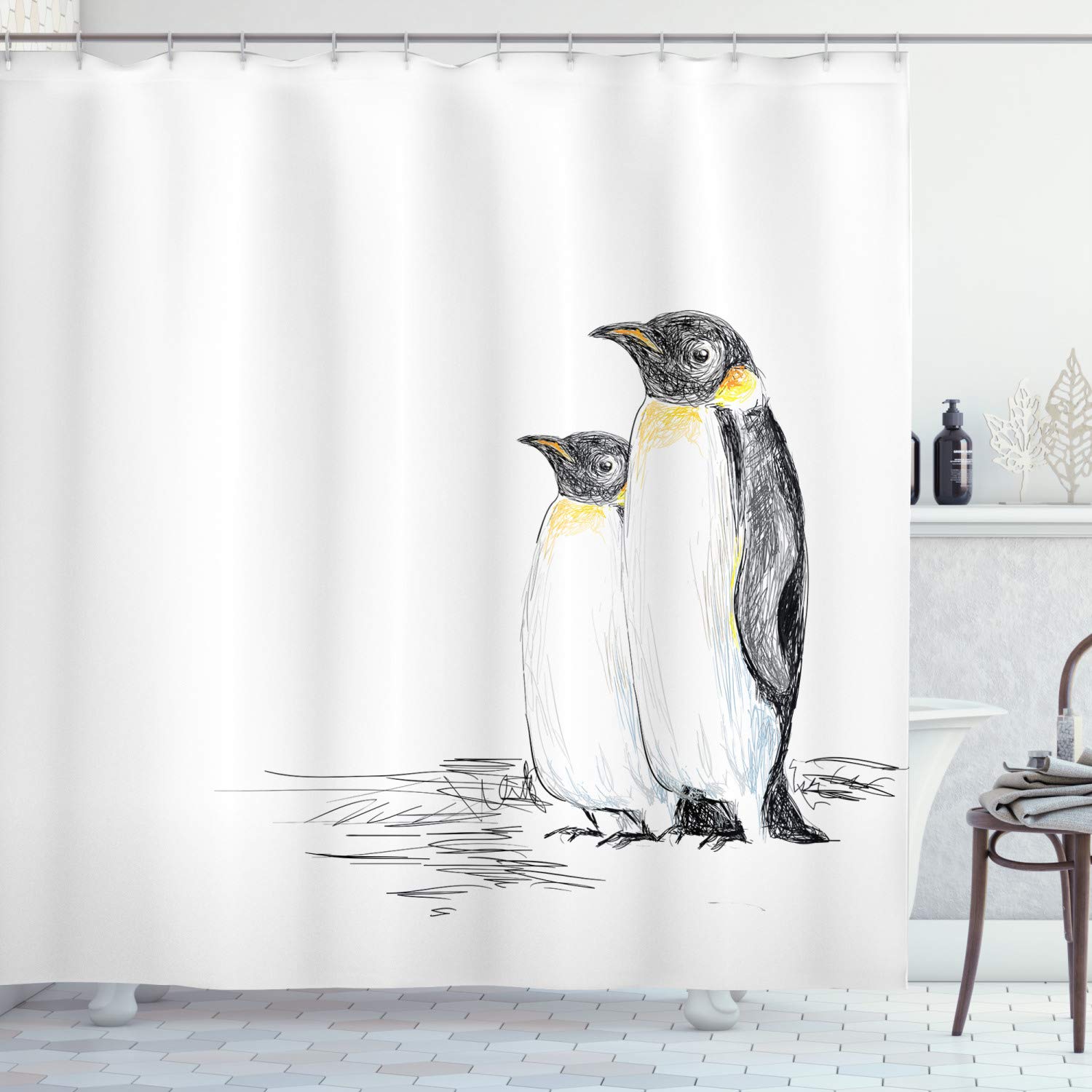 ABAKUHAUS Sea Animals Shower Curtain, Hand Drawn Art Penguins Aquatic Flightless Birds Polar South Pole Wildlife, Cloth Fabric Bathroom Decor Set with Hooks, 175 x 220 cm, White Yellow Black