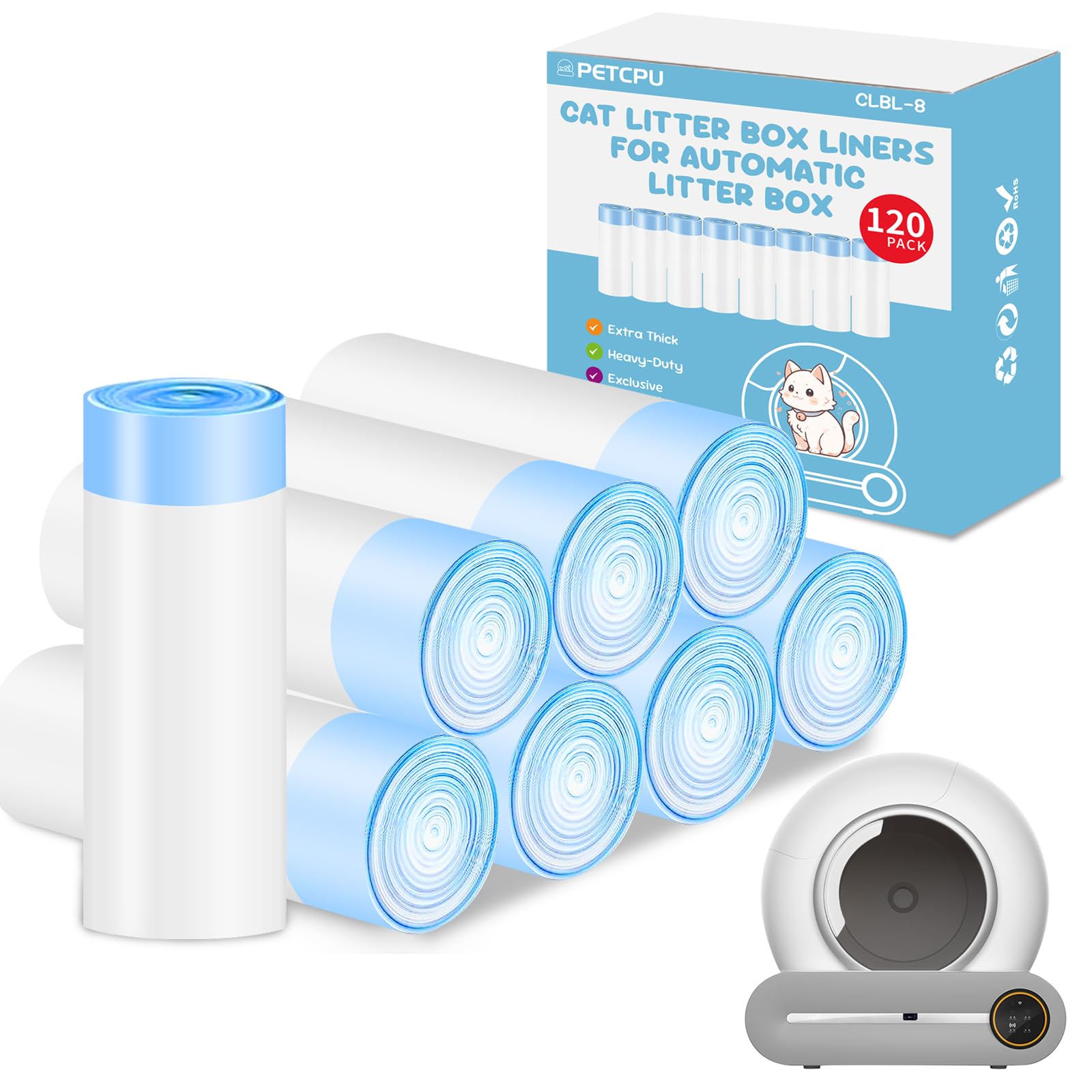 Photo 1 of 120 Count Cat Litter Box Liners for Self-Cleaning Cat Litter Box, Replacement Kitty Litter Liners, 8 Rolls Drawstring Waste Bags for Small Automatic Litter Boxs, 19.7 x 17.7 Inches?8 Packs/120 Counts?