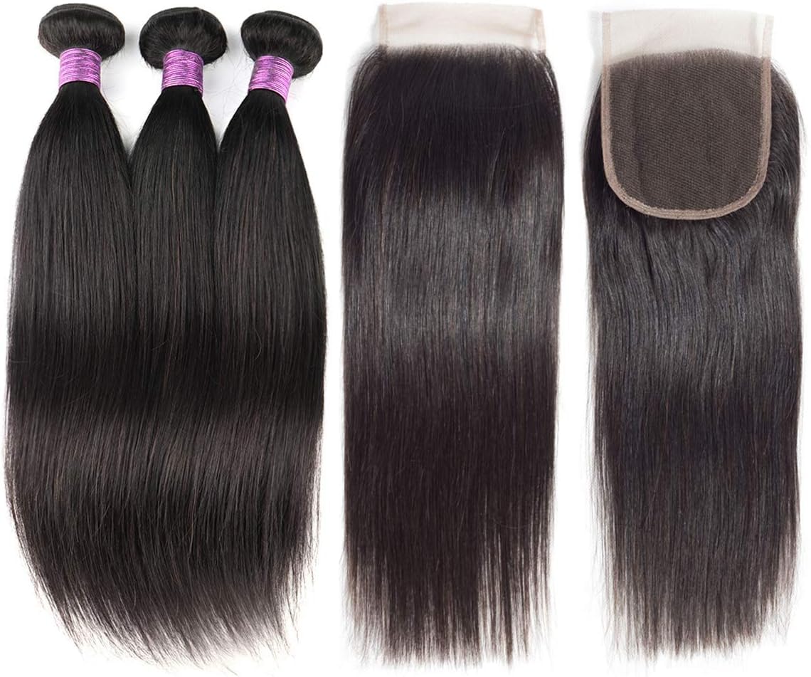 TOOCCI Straight Hair Bundles With Lace Closure 9A Virgin Brazilian Human Hair Straight Weave Weft with 4x4 Lace Closure Natural Color (12 12 12+10 closure)