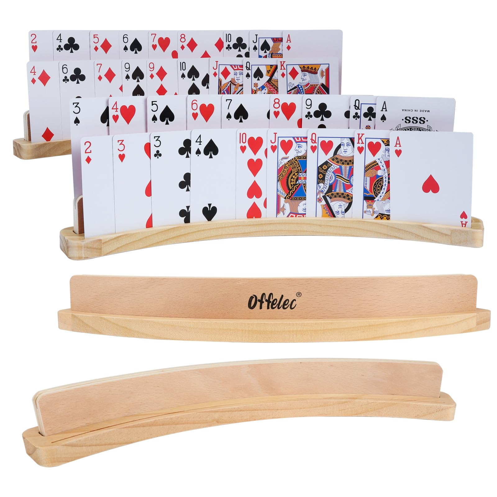 Photo 1 of Offelec 4 Pack Wooden Playing Card Holders - 14 Inch 2-Slot Curved Card Holder for Kids Adults, Stackable Card Deck Organizers with Non-Slip Base for Bridge, Strategy Games, Poker & Family Nights