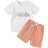 ADXSUN Toddler Boy Halloween Outfit Truck Pumpkin Embroidered T-shirt+Striped Shorts Fall Set