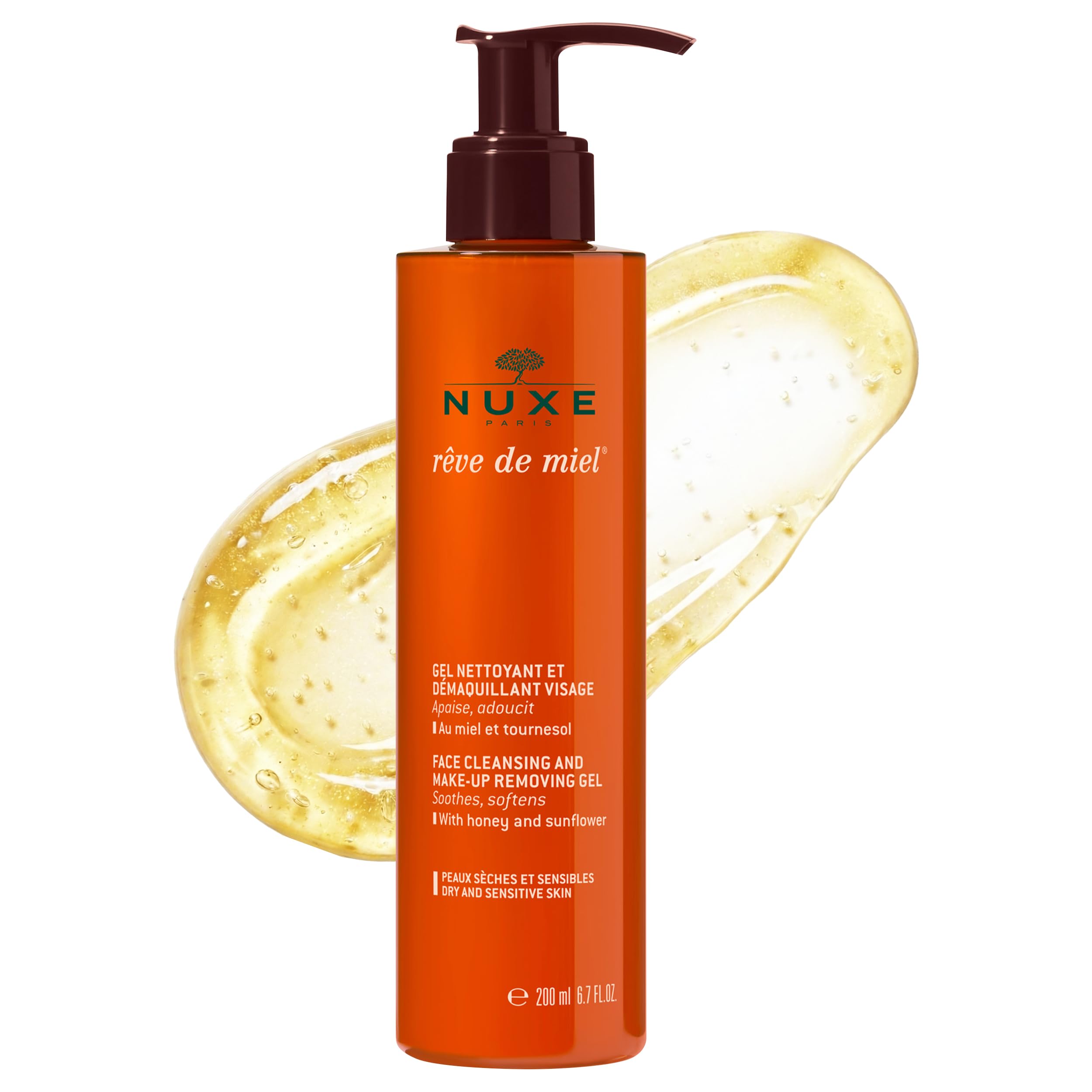 Nuxe Rêve de Miel Cleansing and Make-Up Removing Gel 200ml, Gentle Face Cleanser, Soothes & Removes Makeup in One Step, For Dry & Sensitive Skin, Vegan Formula