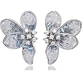 Crystal Flower Earrings for Women – Silver Floral Stud Jewelry with Cubic Zirconia Center, Handmade Lightweight Hypoallergenic Earrings, Elegant Gift for Her
