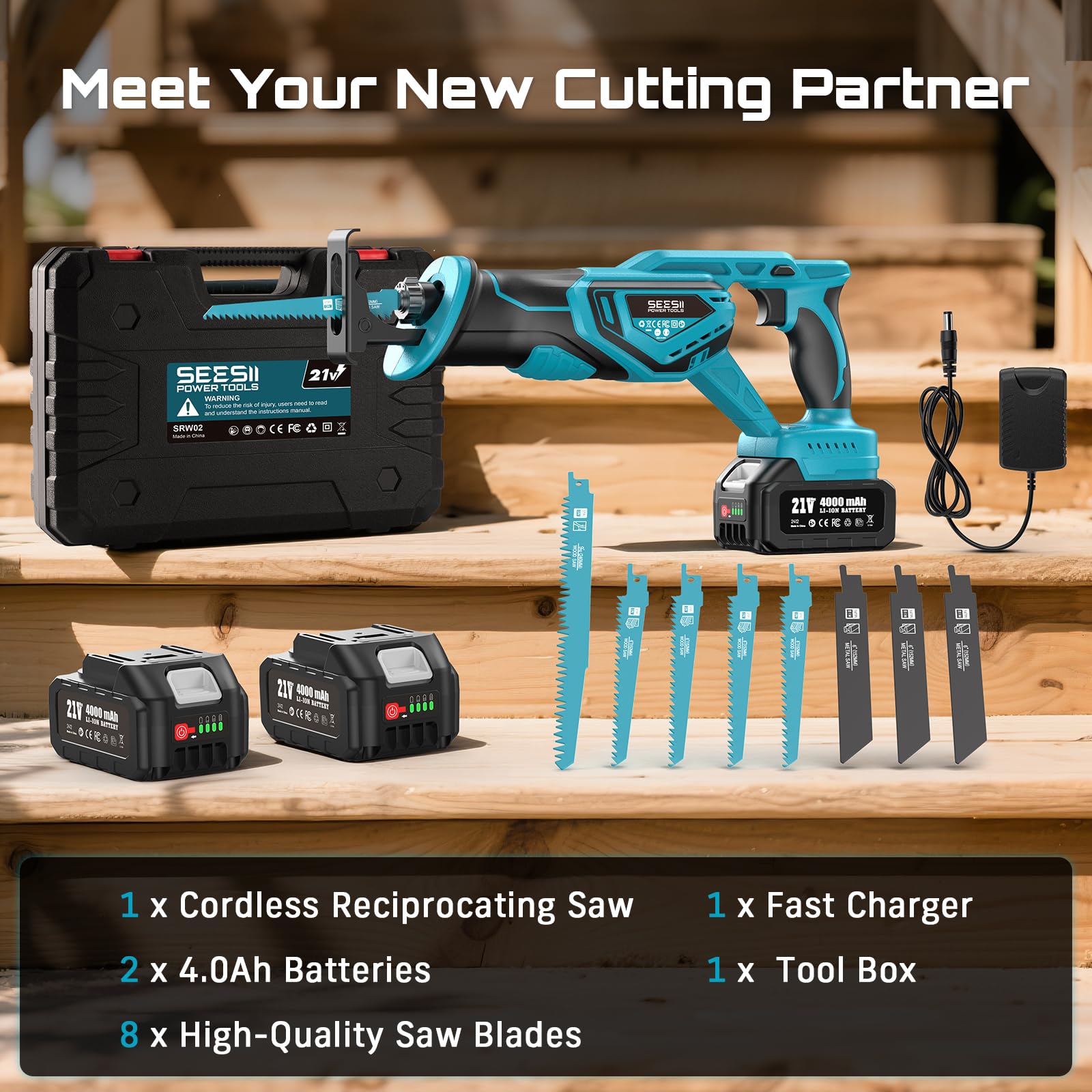 SEESII Akku Säbelsäge 21V, 3500 RPM Bürstenlosem Motor | 2x 4,0Ah Akkus & 8 Sägeblätter | Für Holz, Metall, PVC | Säbelsäge für Baustelle & Garten 8