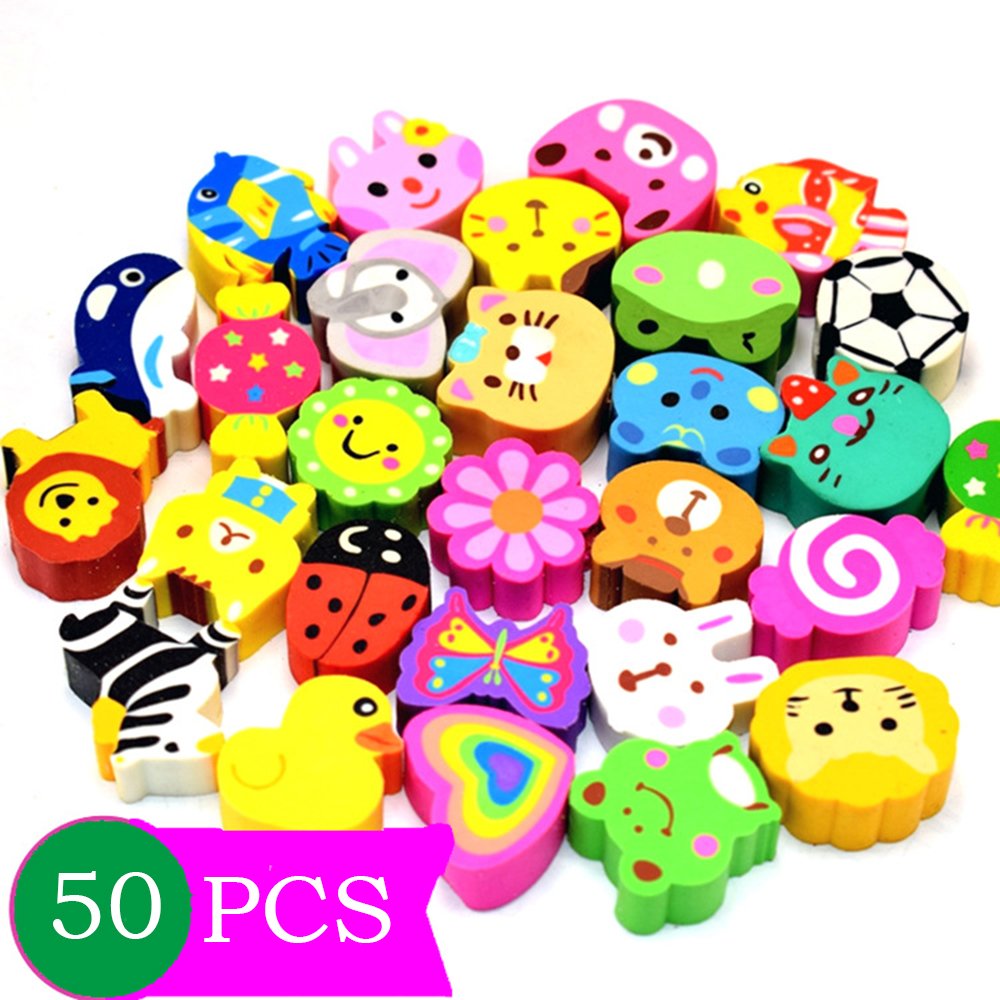 50 Pcs Mseeur Assorted Adorable Collection Pencil Top Erasers,Eraser Caps Style for Our Kids Gift (Pattern Random)