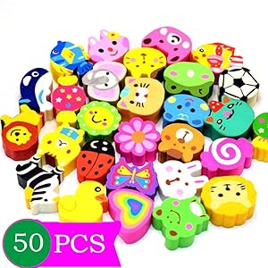 50 Pcs Mseeur Assorted Adorable Collection Pencil Top Erasers,Eraser Caps Style for Our Kids Gift (Pattern Random)