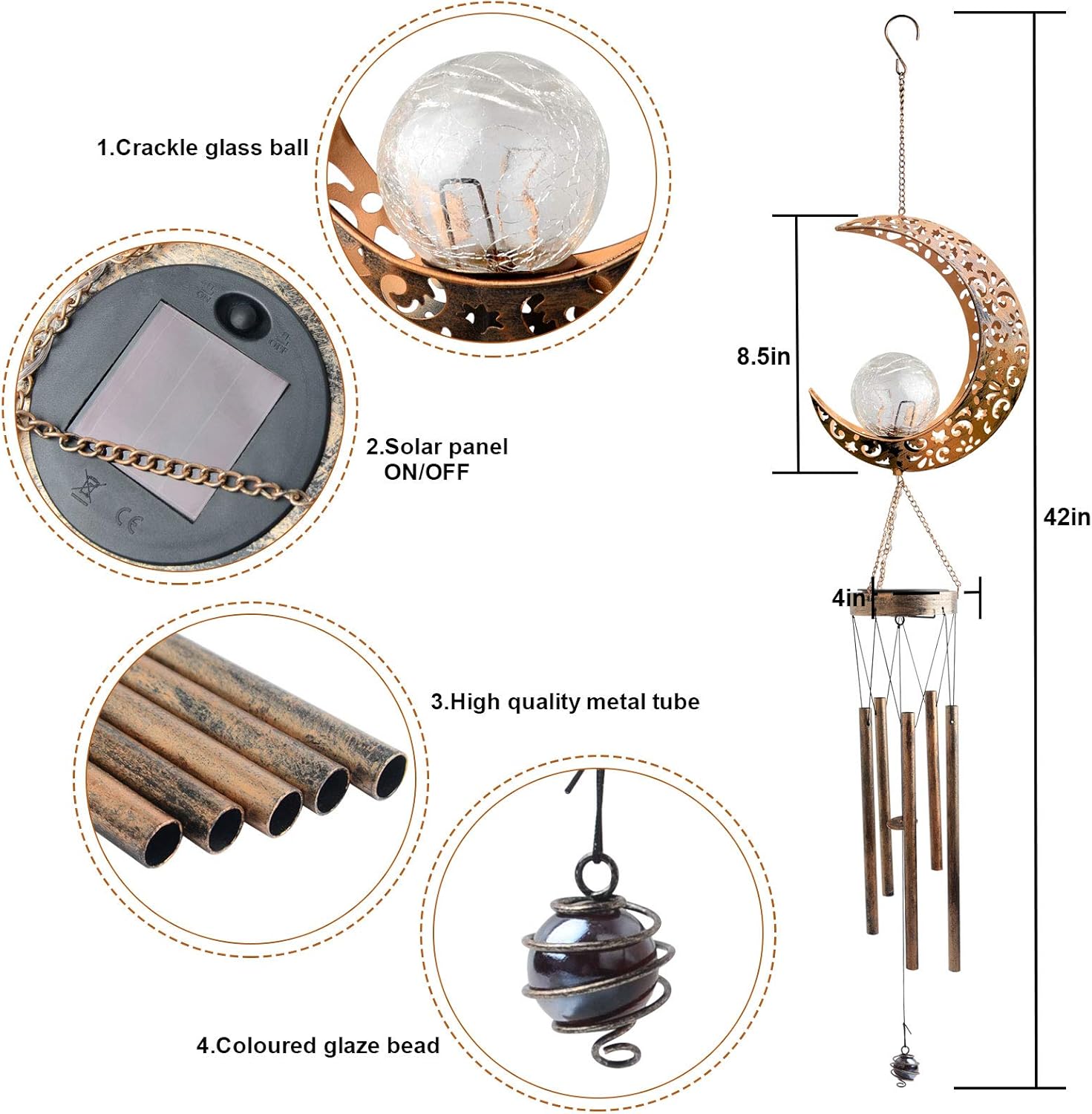 JOBOSI Moon Crackle Glass Ball Wind Chimes Solar Wind Chimes Sympathy Wind Chimes Outdoor Gifts for Mom Gift Wind chime Garden Wind chimes Decorations Patio Decorations with S Hook Outdoor Wind Chimes : Garden & Outdoor