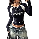 GORGLITTER Women's Graphic Crop Tops Y2K Long Sleeve Crew Neck Jersey Tees Tight Fitted Going Out T Shirts