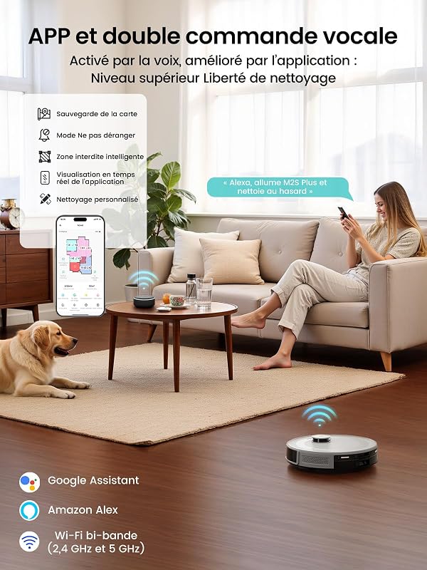 M2S Plus Aspirateur Robot avec Station, 10000 Pa d'Aspiration, Aspiration Automatique, Évite Obstacles, Auto-Charge Autonomie 240 Min, Poils d’Animaux, Tapis et Sols Durs, Alexa/App/WiFi, Gris