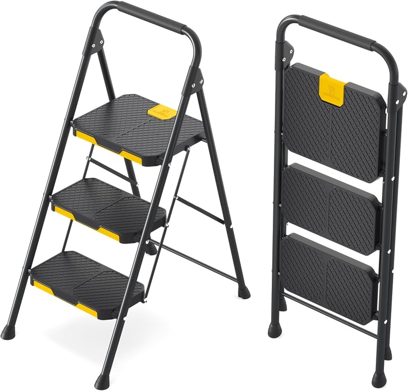 KINGRACK 3 Step Ladder Folding Anti Slip Pedals Handrails Lightweight