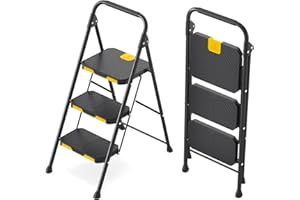 KINGRACK 3 Step Ladder, Sturdy Steel Step Stool with Safe-Lock Design, Handrail, Anti-Slip Wide Pedals, Pass 800lbs Load Testing, Folding Portable Ladder for Multi-Purpose, Home, Kitchen, Black