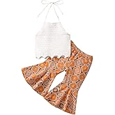 Ursobutegl Toddler Baby Girl Boho Outfits Floral Sleeveless Halter Crop Top Bell Bottom Pants Summer Clothes Set