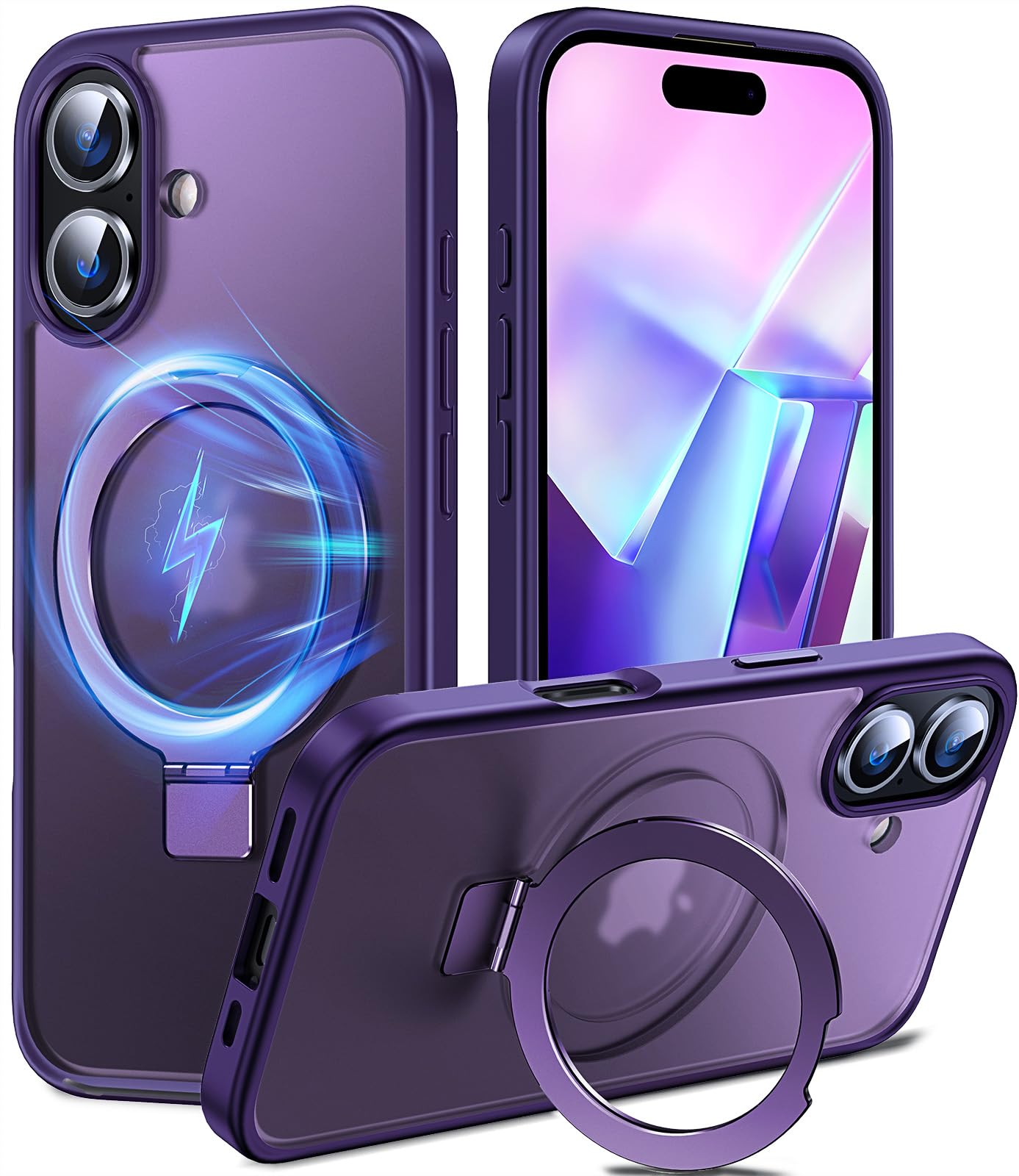 Chicfun 3-in-1 [Magnetic+KickStand+Ring Holder] Compatible with MagSafe, for iPhone 16 Case with Stand Military Shockproof Protective Magnetic.for iPhone 16 Case, Purple