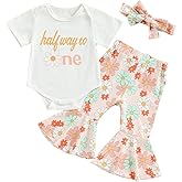 Bonangber Baby Girl Half 1st 2nd Birthday Outfit Short Sleeve Romper/Shirt Top Floral Bell Bottoms Pants Birthday Girl Outfit