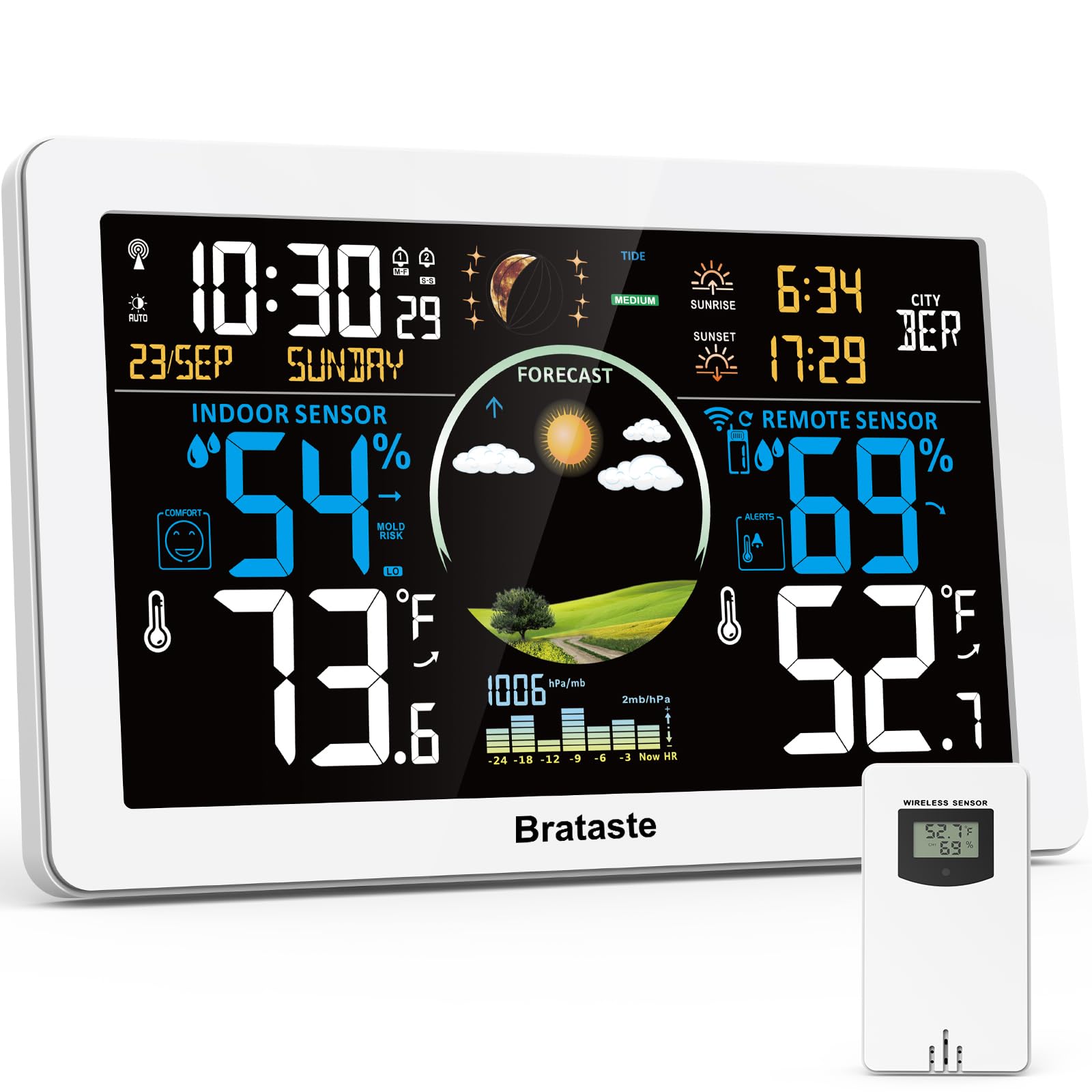 Photo 1 of **SELLING FOR PARTS**Brataste Weather Station Wireless Indoor Outdoor, Digital Thermometer, 7.5'' VA Display Home Weather Stations, Accurate Temperature Humidity Gauge with Weather Forecast, Atomic Clock,White