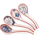 WHJY Asian Soup Spoon, Ceramic Ramen Spoon, Ramen Soup Spoon, Chinese Ceramic Spoons, Miso Soup Spoons Dumpling - Set of 4 Flora