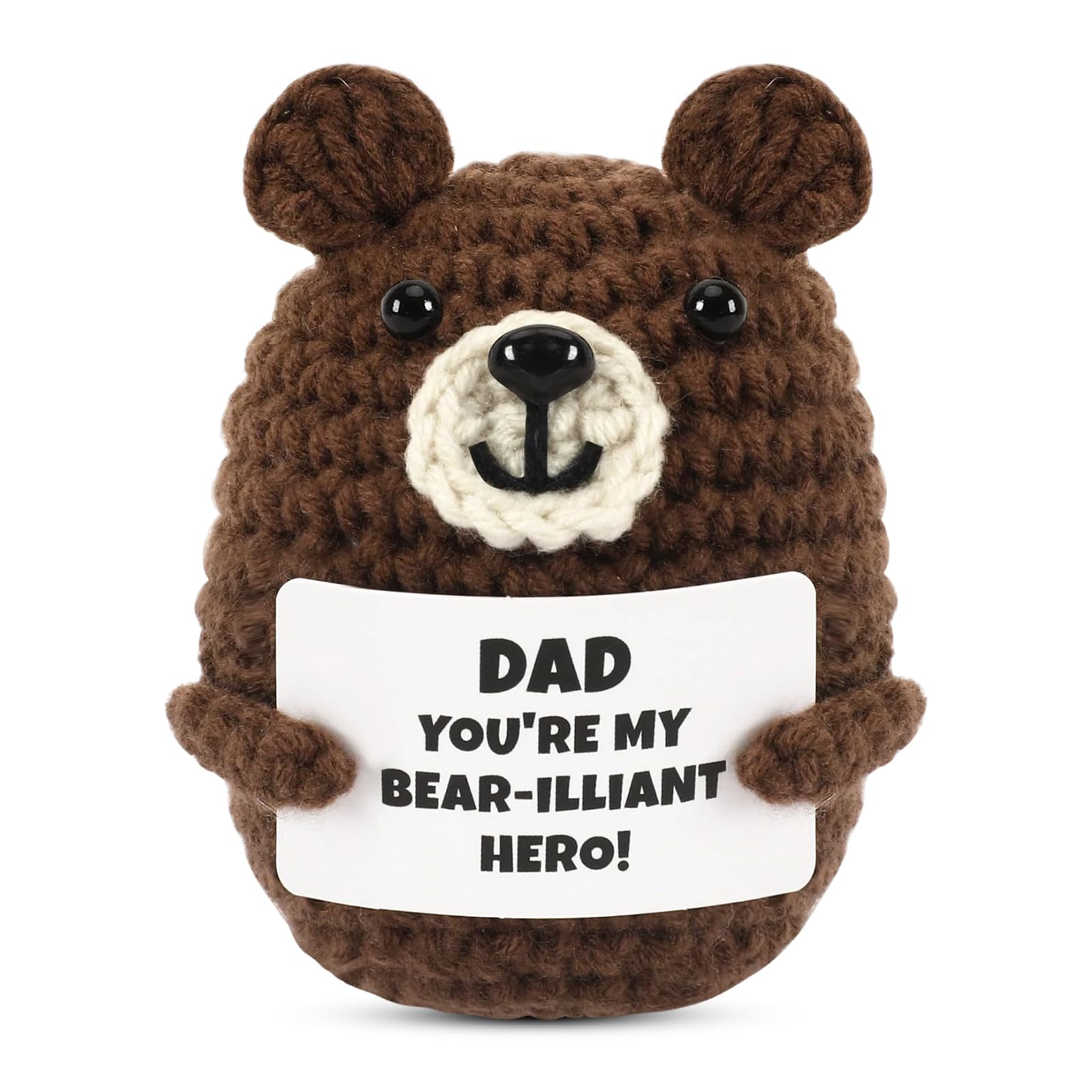 Qubitly Mini Bear Gift to Dad Bonus Step Father from Daughter Son, Positive Crochet Animals with Cards, Cute Brown Bear Knitted Toys, Perfect Handmade Gifts for Birthday, Fathers Day & Christmas