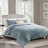 RECYCO Luxury Velvet Quilt Set Full Queen Size Bedding Sets, Ultra Soft Velvet Comforter Set, Lightweight Channel Box Stitch Oversized Bedspread Coverlet for All Season, with 2 Shams, Blue Linen