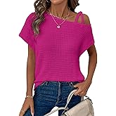 Dokotoo Womens Summer Tops Off One Shoulder Waffle Knit Short Sleeve T-Shirts Casual Lightweight Solid Color Blouses