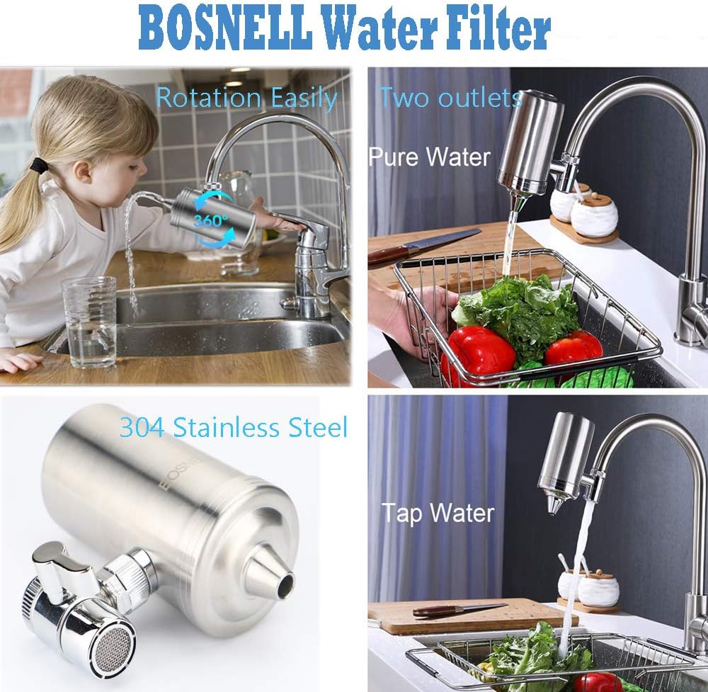 Faucet Water Filter, 304 Stainless-Steel Filtration System, Large Water Flow, Water Purifier, Reduce Chlorine, Lead Reduction, Double Outlet, Fits Standard Faucets (2 Filter Cartridges Included): Industrial & Scientific