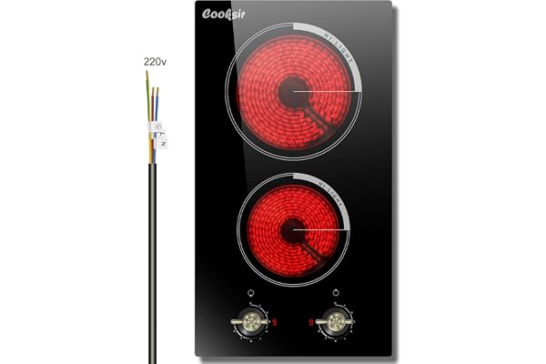 Cooksir 2 Burner Electric Cooktop - 12 Inch 220V Built-in Electric Stove Top 3000W, Ceramic Cook Top Radiant, 9 Power Heating Levels, Overheat Protection, Retro Knob, 220V - 240V Hard Wired (No Plug)