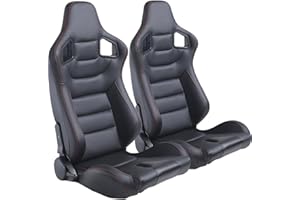 WIILAYOK 2 Pack Racing Seats, Universal PVC Leather Racing Bucket Seats Sport Pair Adjustable Seats with Sliders, Black and Red Stitching
