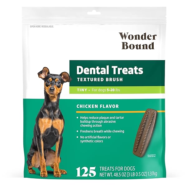 AMAZON BRAND – WONDER BOUND DOG DENTAL TREATS FOR TINY DOGS (5-15 LBS), REAL CHICKEN FLAVOR, NUBBED TEXTURE FOR PLAQUE & TARTAR CONTROL, FRESHENS BREATH WHILE CHEWING, 125 COUNT (PACK OF 1)