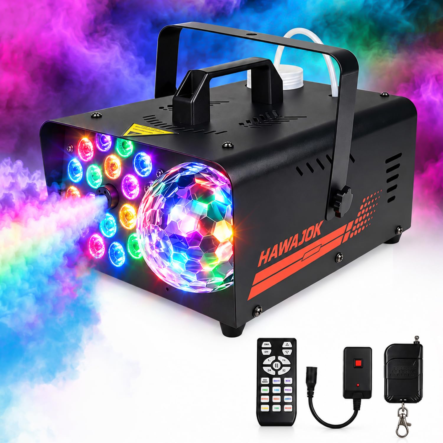 HAWAJOK 1000W Fog Machine, 4500CFM Output Smoke Machine with Disco Ball Lights, 18 Color LED Effects, Wireless Remote Control