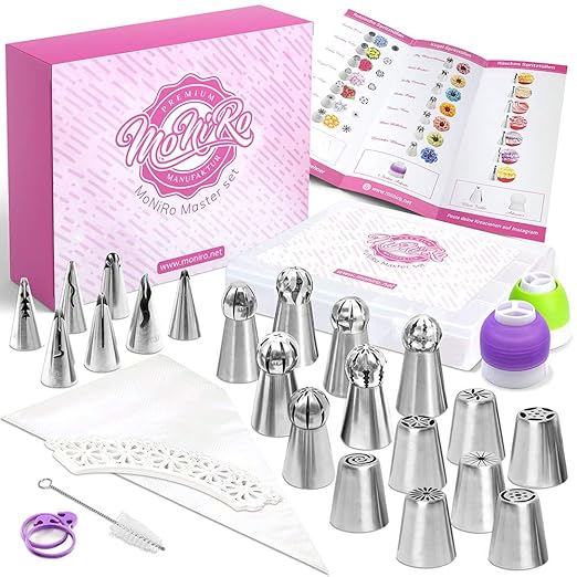 MoNiRo 91 Teiliges Spritztüllen Set - Profi Edelstahl Russische Tüllen Aufsätze + Silikon Spritzbeutel, Einwegspritzbeutel, C