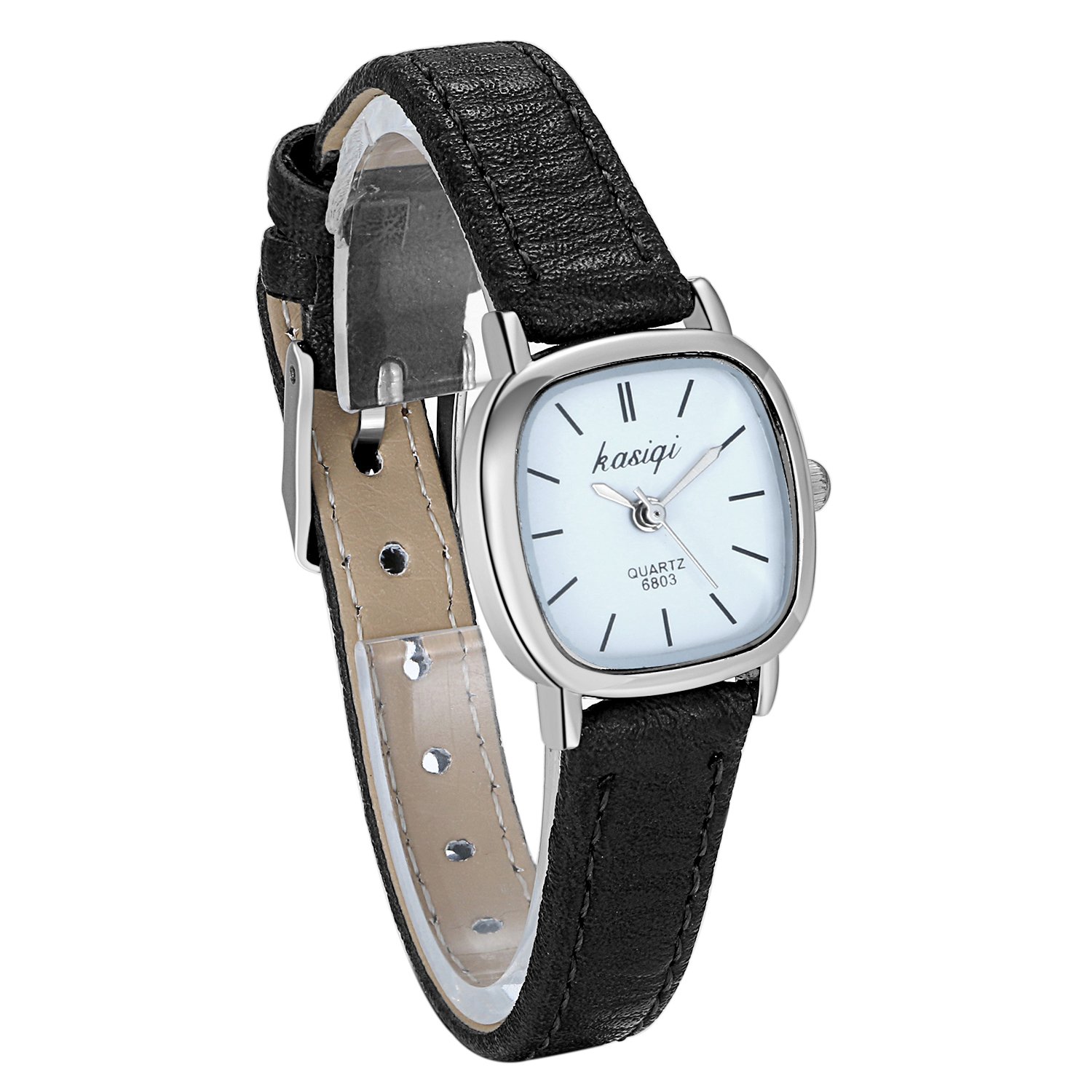 JewelryWe Women's Small Square Dial Slim Leather Strap Quartz Wrist Watch - Silver Case