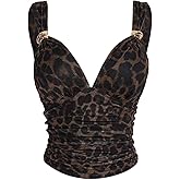 SweatyRocks Women's Plus Size Leopard Print V Neck Tank Tops Ruched Sleeveless Double Lined Fitted Top