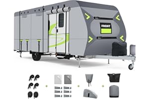 XENJUM Heavy Duty 8 Layers RV Cover 16-18ft, Rip-Stop Motorhome Camper Cover with Windproof Straps, Gutter & Tongue Jack Covers, Utility Travel Trailer Cover for All Weather Protection