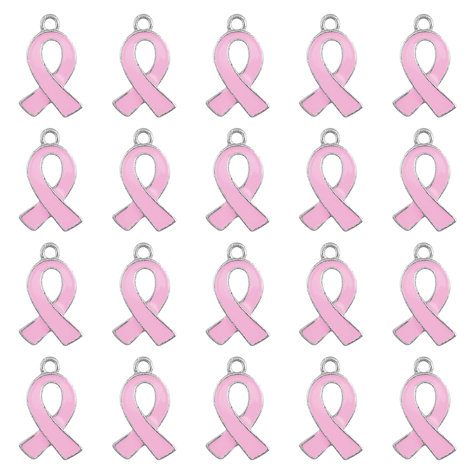 WANDIC 20 Pcs Pink Ribbon Pendants Breast Cancer Awareness Alloy Cancer Free Ribbon Charms for Jewelry Making (Pink, 20)