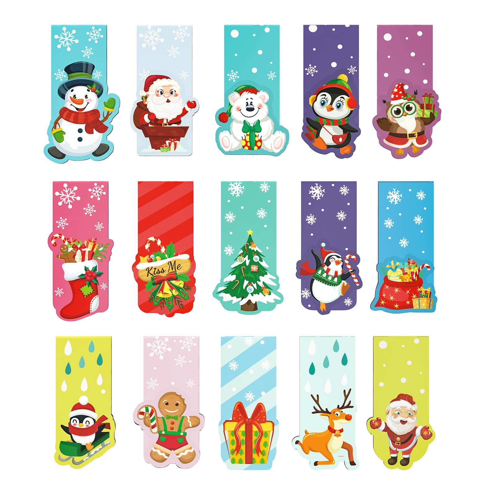 JSRQT 30 Pack Christmas Bookmarks Magnetic Bookmark Christmas Magnetic Book Marks for Kids Students Women Lovers Personalised Page Clip Markers Xmas Gifts Cute Santa Claus Snowman Elk Winter Holiday