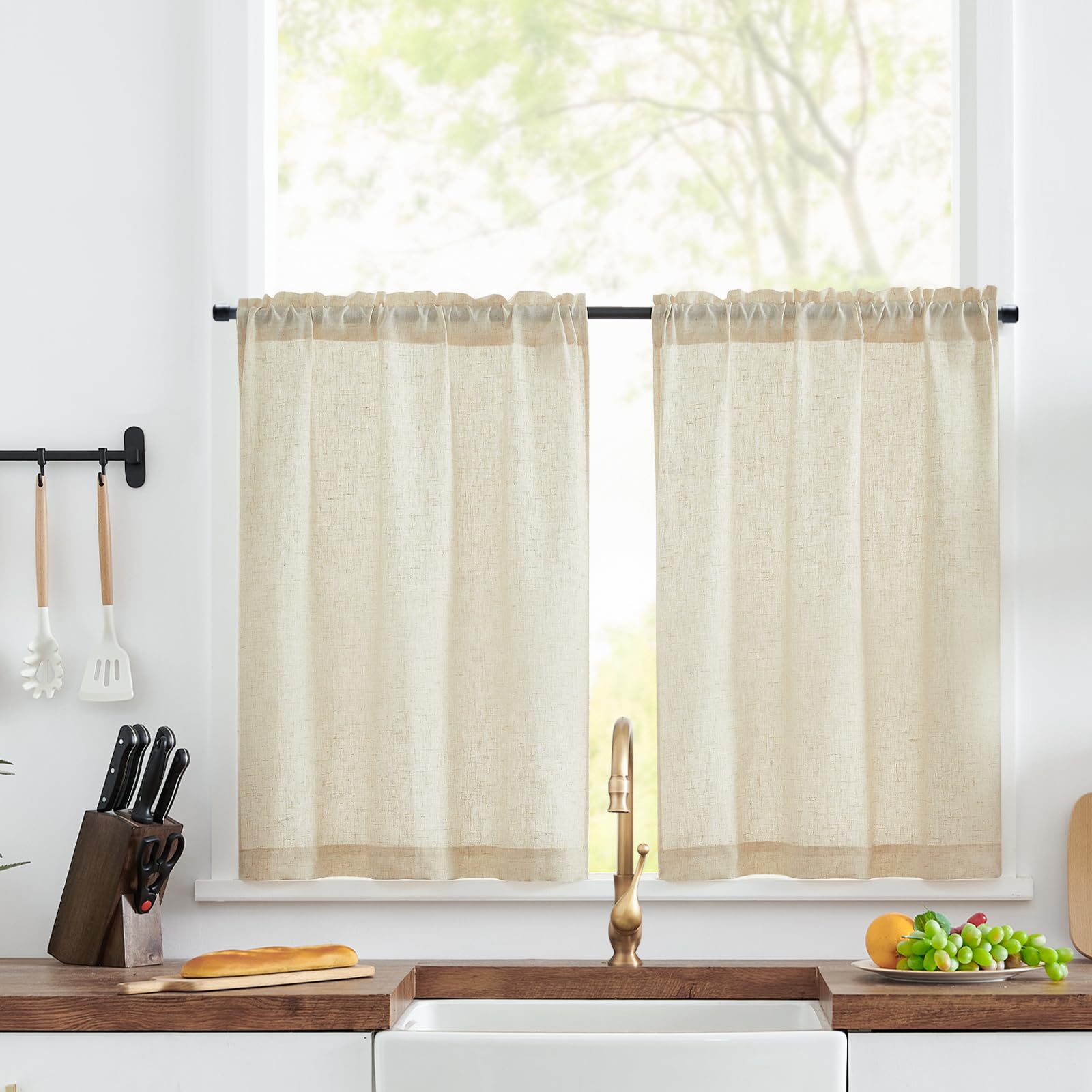 TOPICK Kitchen Curtains - 24 Inch Drop Linen Cafe Curtains for Small Windows - Half Flax, Solid Pattern, Short, Rustic Style - Rod Pocket - Basement, Laundry Room, Sink - 2 Panels