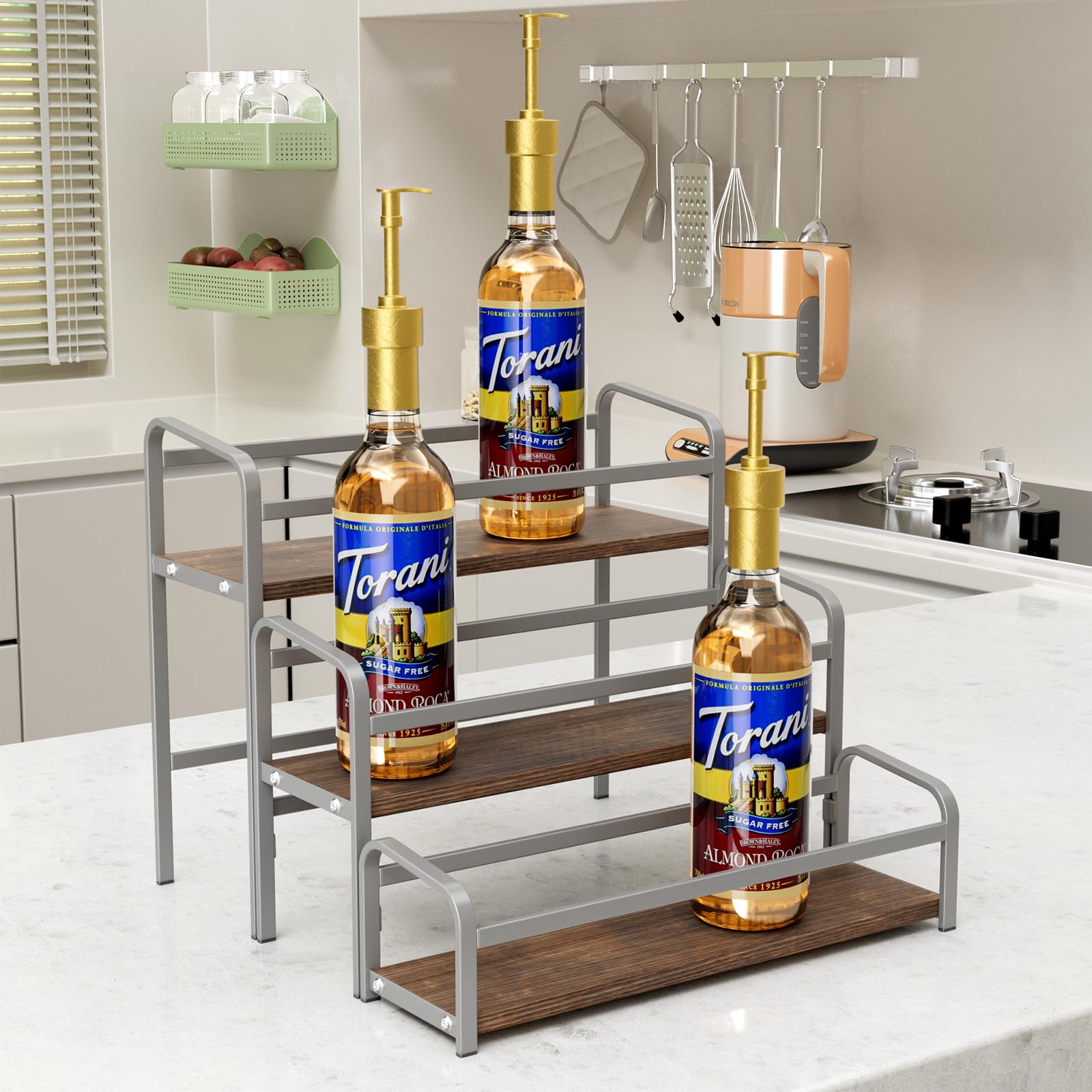 Photo 1 of 3-Tier Coffee Syrup Rack for Countertop, Large Capacity 12-Bottles Syrup Stand with Wood Shelf & Metal Frame for Coffee Bar, Premium Grey Coffee Organizer Station/Wine Rack for Kitchen Storage