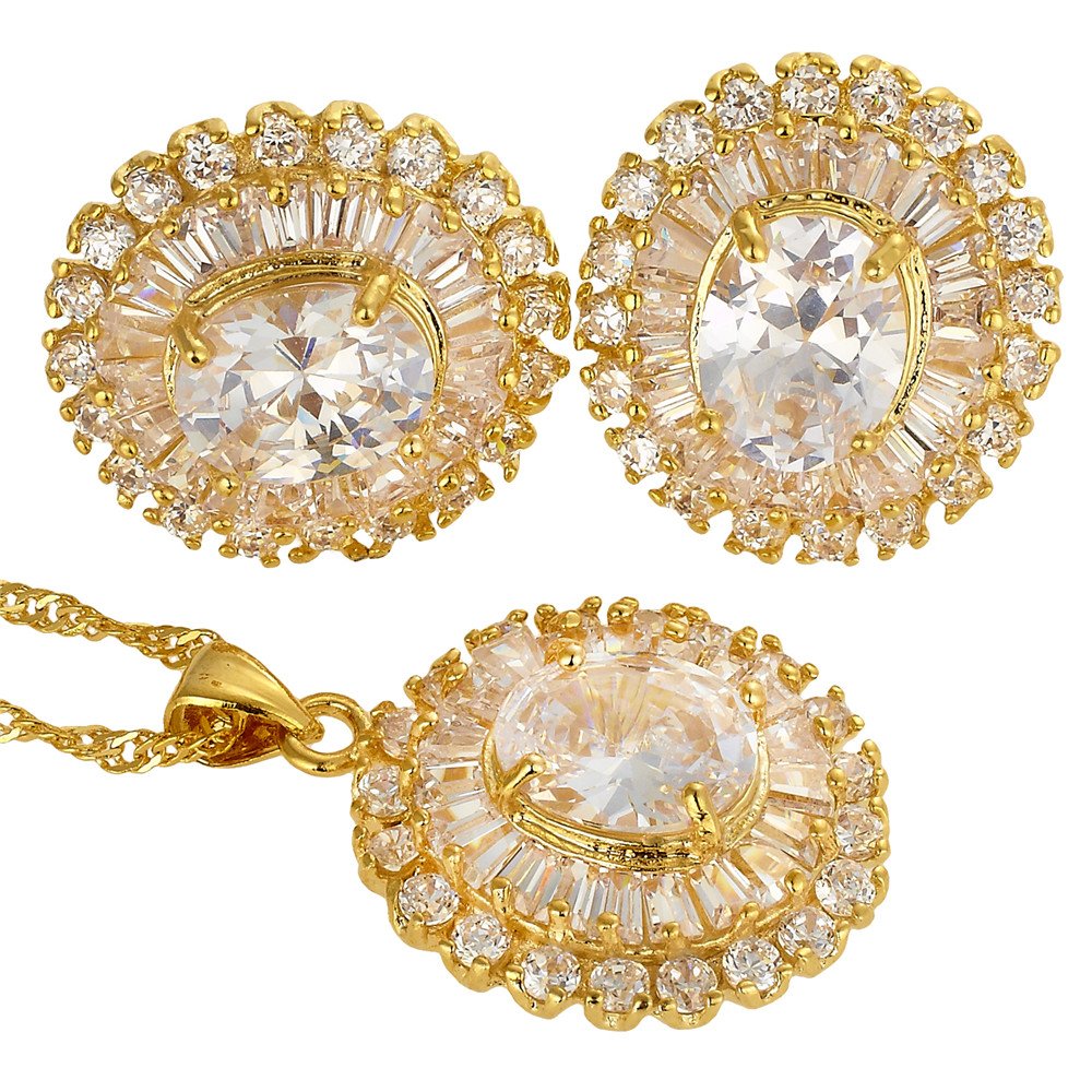 RIZILIA BLOSSOM Jewellery Set Pendant with 45cm(18") Chain & Stud Earrings Oval Cut Gemstones CZ [White Topaz] in 18K Yellow Gold Plated, Simple Modern Elegance